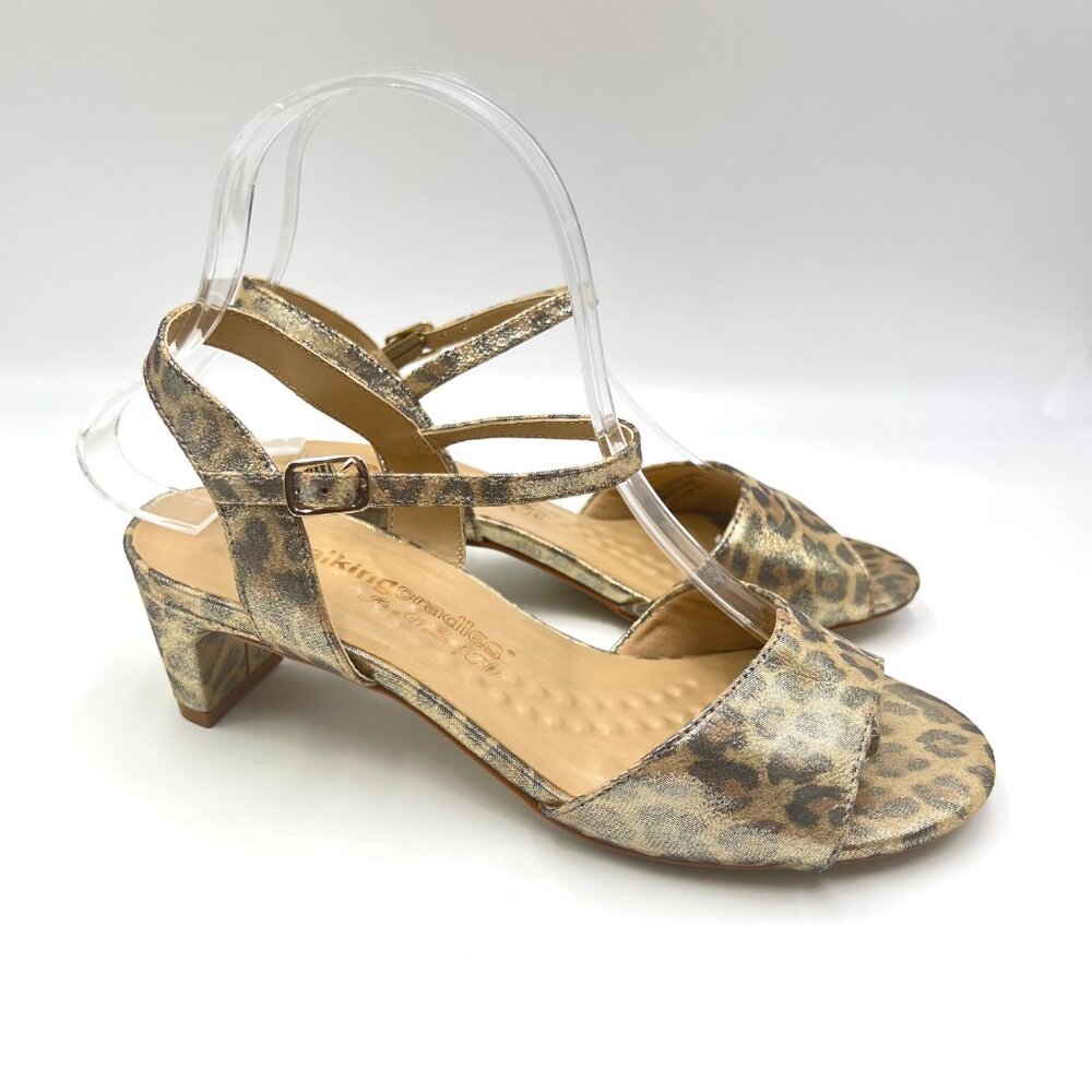 6W 6 WIDE WIDTH Walking Cradles‎ Womens Gold Leopard Leather Heels Sandals Shoes